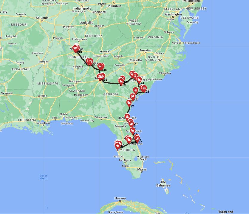 RV trip planner route from Tampa to Nashville motorhome road trip plan